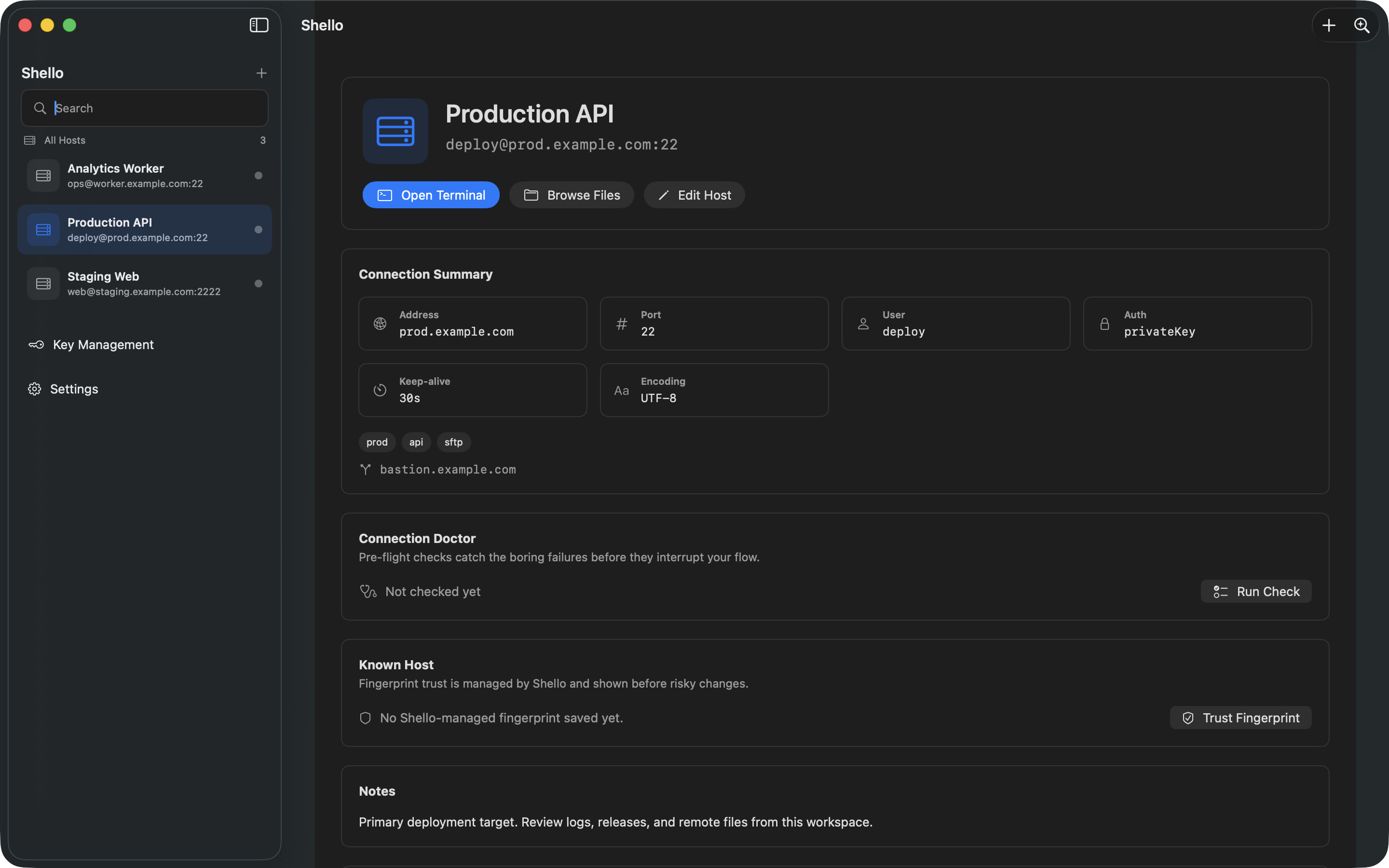 Shello host management screenshot