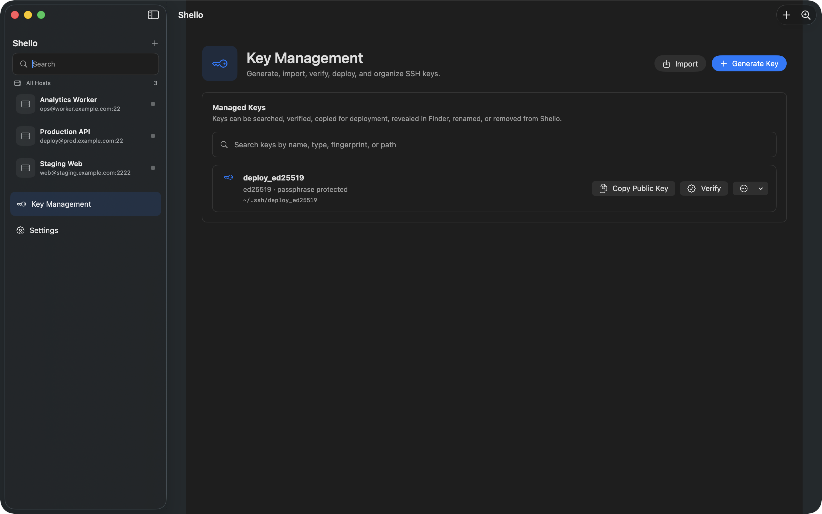 Shello key management screenshot