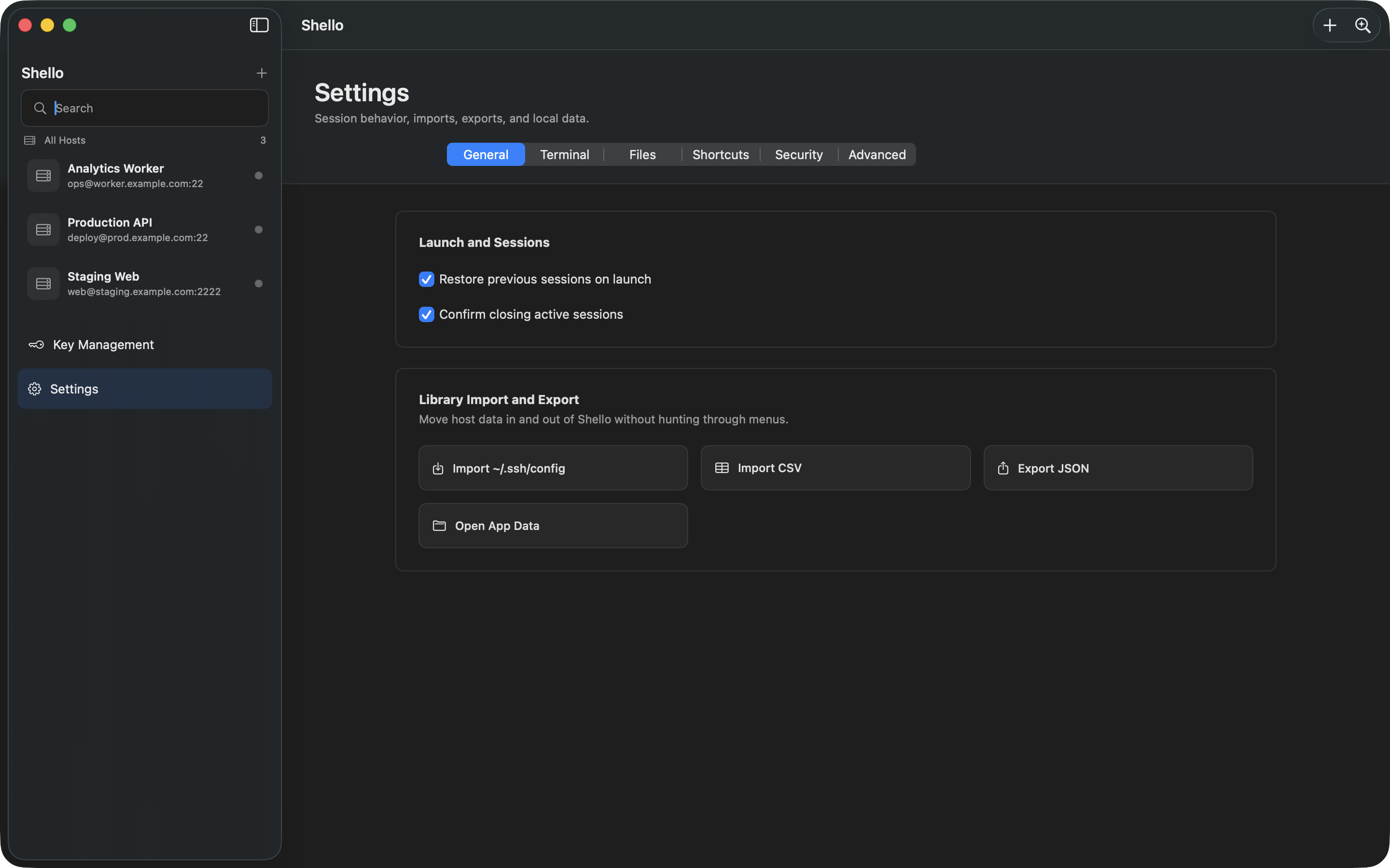 Shello settings screenshot